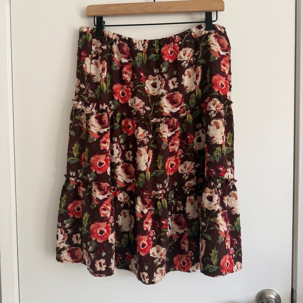 Floral Tiered Midi Skirt Brown Floral Elastic Waist Boho Cottagecore Whimsical